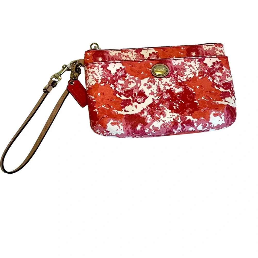 Coach Vintage Pink White Orange Red Coated Canvas/Leather Mini Wristlet/Clutch